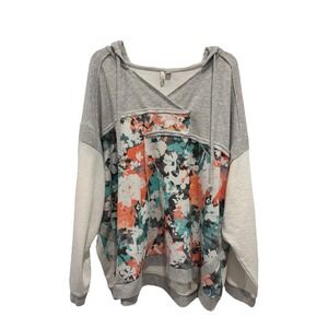 Live Well Lifestyle Hoodie Women 26/28 4X Gray Ivory Floral Pullover Lightweight